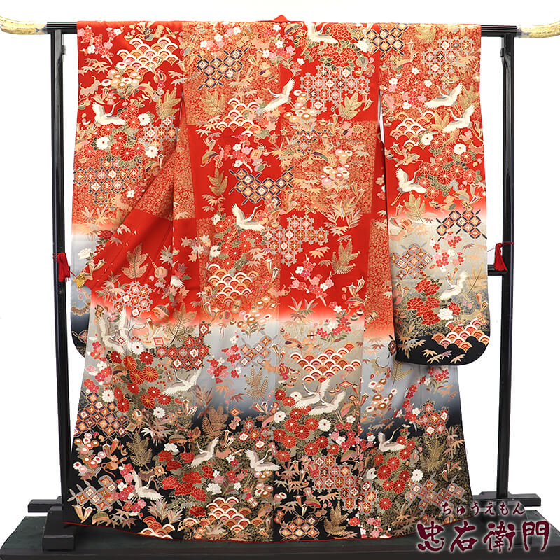 【中古】 振袖 再利用 売りわたす 単品 レディース 正絹 緋色 吉祥文様 晴れ晴れしい 身の丈172糎 裄丈65.5糎 成年者式 御召しもの M～L大いさ好いかげんに 再利用御召しもの リユース御召しもの 中古御召しもの 貨物輸送無料 即日送りとどける