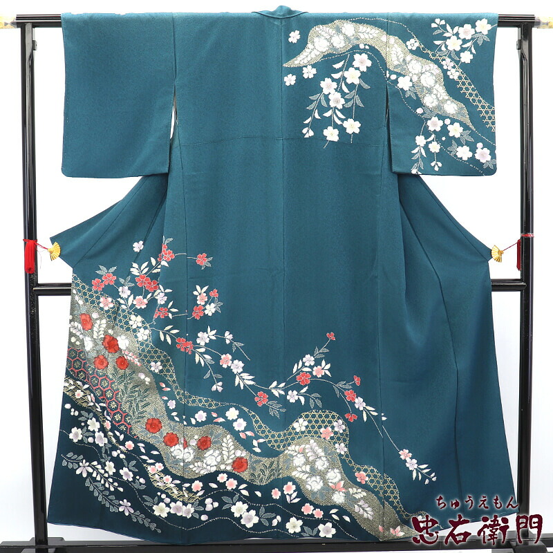 【中古】 短い訪問着 袷 レディース 正絹 青緑 辻が花 道長取り 身たけ157.5糎 裄丈64糎 寄りあい 晴れ晴れしい ゆったり大きさ