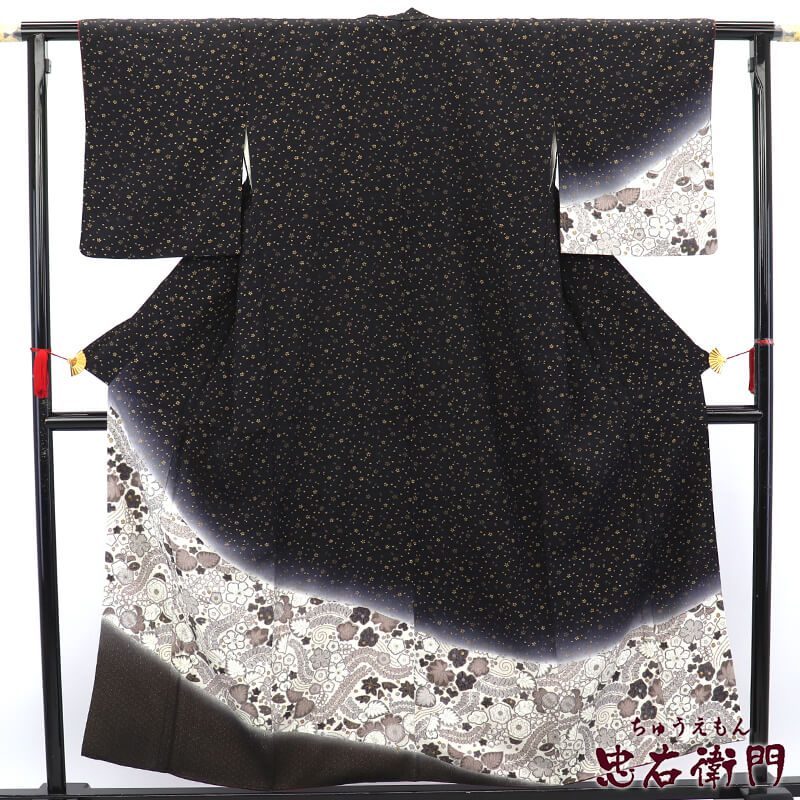 【中古】 付下げ 袷 レディース 正絹 黒 桜 辻が花 身たけ159糎 裄丈64糎 フォーマル M大きさ好いかげんに