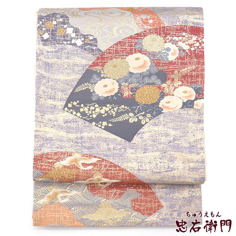 【中古】 袋帯 フォーマル 正絹 六通柄 銀 紫 地紙文 牡丹 波文 長さ420cm 幅30.5cm リサイクル 和装 礼装 フォーマル 着物 仕立て上がりリサイクル帯 即日発送