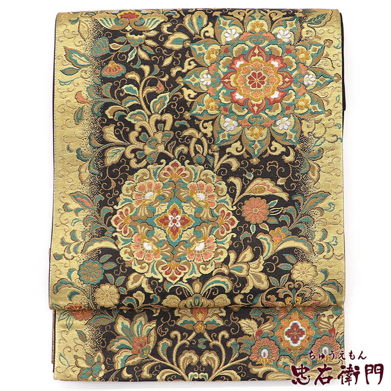 【中古】 袋帯 フォーマル 正絹 六通柄 金 黒 華文 唐草 長さ421cm 幅31cm リサイクル 和装 礼装 フォーマル 着物 仕立て上がりリサイクル帯 即日発送