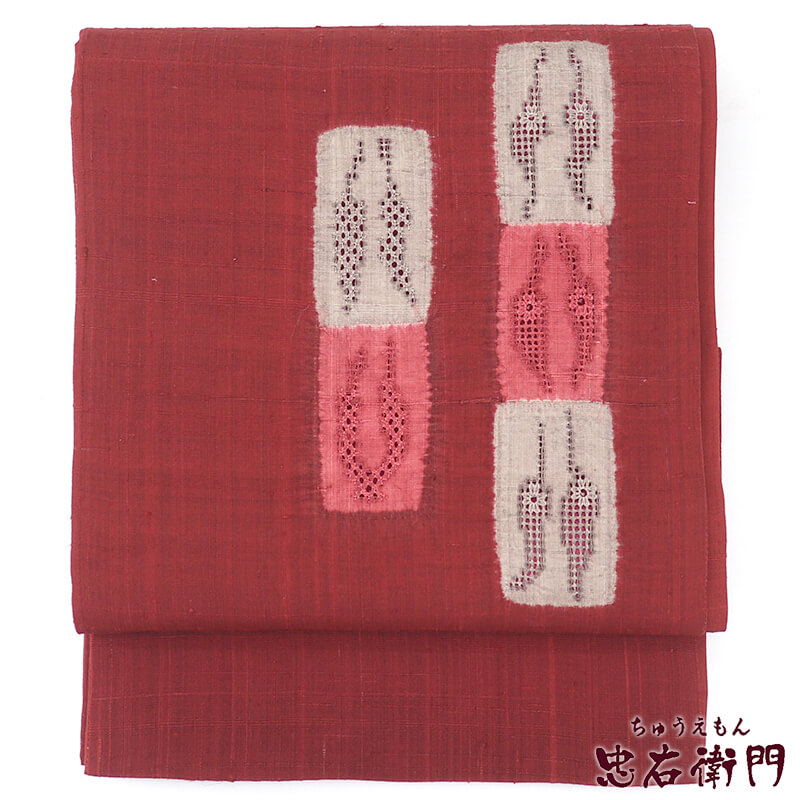 【中古】 袋帯 洒落用 おしゃれ袋帯 正絹 お太鼓柄 臙脂 透け感 紬 長さ428cm 幅31cm リサイクル 和装 おしゃれ着向き 礼装 フォーマル 着物 仕立て上がりリサイクル帯 送料無料 即日発送|ビスコンティ&きもの忠右衛門