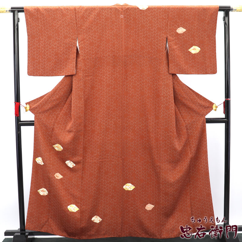 【中古】 付下げ 一つ紋 下り藤 袷 レディース 正絹 赤茶 抽象柄 身丈165cm 裄丈66cm フォーマル M～Lサイズ相当 リサイクル着物 リユース着物 中古着物 送料無料 即日発送