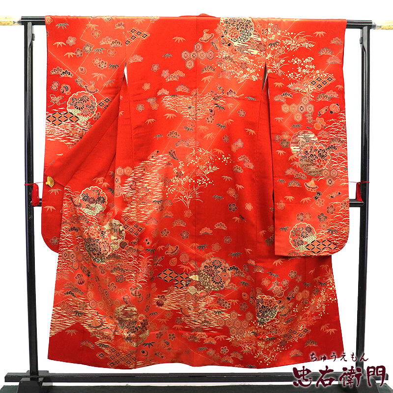 【中古】 振袖 長襦袢 2点 セット 正絹 成人式 購入朱赤 雪輪 身丈155.5cm 裄丈65cm 伝統文様 安い 練習 衣装 Mサイズ相当|ビスコンティ&きもの忠右衛門