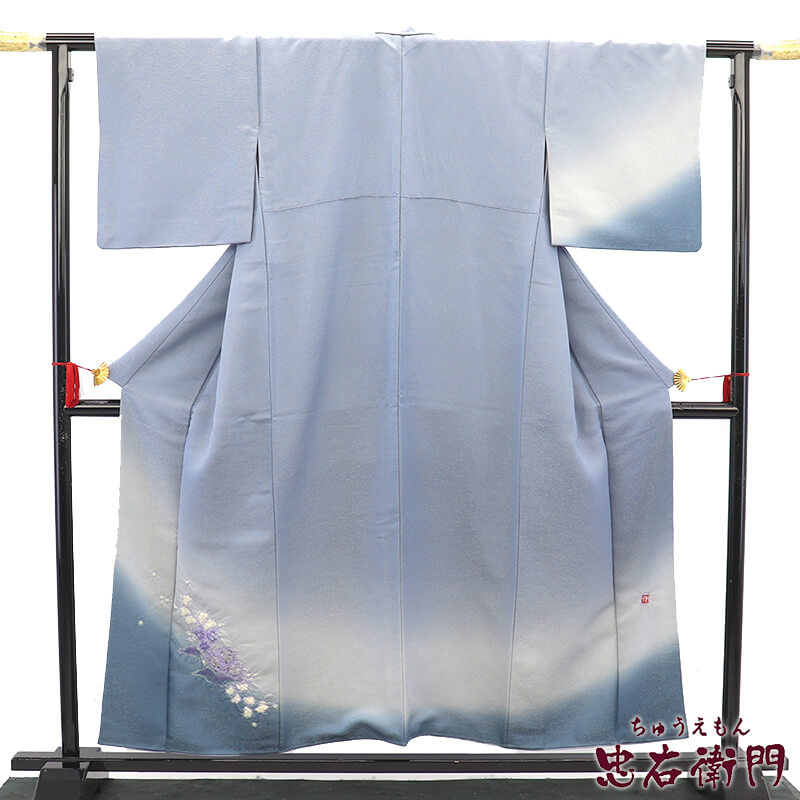 【中古】 久保田一竹 辻が花 付下げ 落款 作家物 袷 レディース 正絹 灰青 シンプル 上品 身丈157.5cm 裄丈66cm フォーマル Mサイズ相当