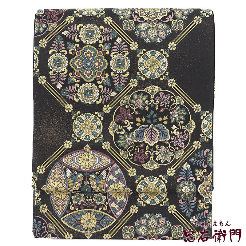 【中古】 袋帯 正絹 六通柄 黒 飾宝天井華文 七宝 格天井 長さ434cm 幅31cm リサイクル 和装 礼装 フォーマル 着物 仕立て上がりリサイクル帯 送料無料 即日発送