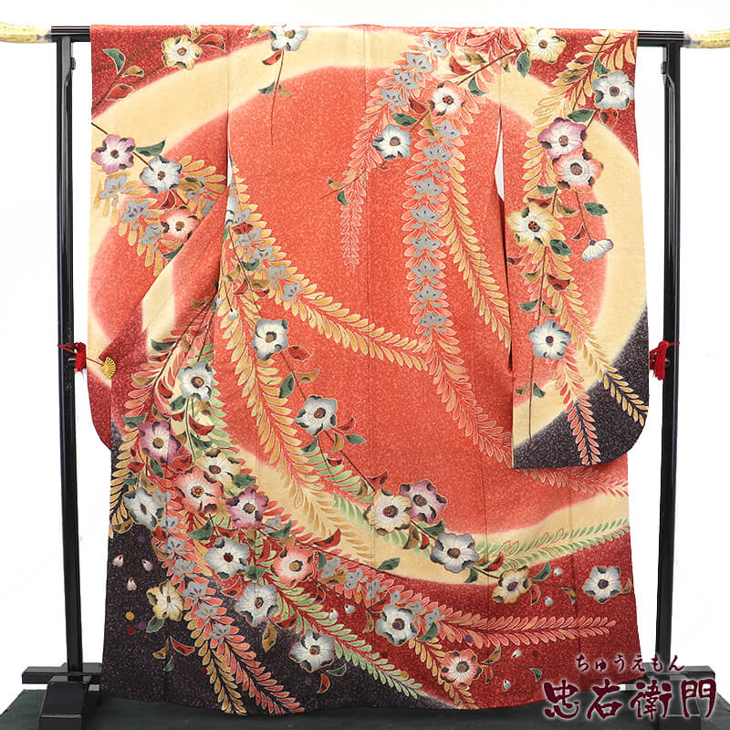 【中古】 振袖 単品 売りわたす 成年者式 晴れ着 レディース 正絹 薄朱 辻が花 晴れ晴れしい 身たけ169糎 裄丈66糎 M～L大きさ好いかげんに