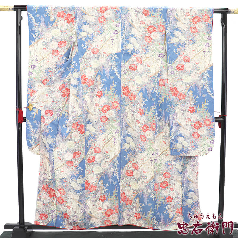 【中古】 振袖 長襦袢 2点 仕掛ける 成年者式 晴れ着 正絹 水色 花柄 晴れ晴れしい 身たけ160糎 裄丈65.5糎 M大きさ好いかげんに