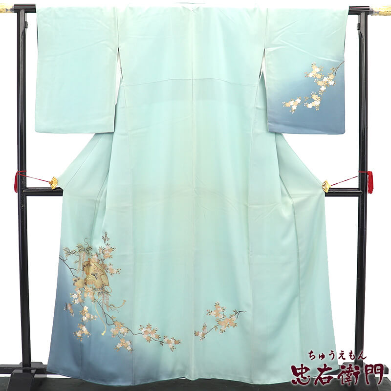 【中古】 付下げ 袷 レディース 正絹 水色 桜 金彩 身丈164.5cm 裄丈66cm フォーマル Mサイズ相当