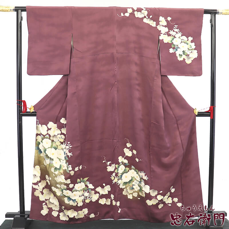 【中古】 訪問着 フォーマル 袷 レディース 正絹 紫 レトロ モダン 椿 菊 身丈165cm 裄丈66cm 結婚式 パーティ 観劇 M~Lサイズ相当 リサイクル着物 リユース着物 中古着物 送料無料 即日発送|ビスコンティ&きもの忠右衛門