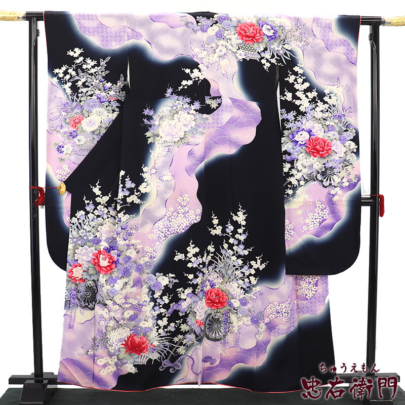【中古】 振袖 長襦袢 2点 セット 成人式 晴れ着 正絹 黒 紫 花車 牡丹 梅 身丈162cm 裄丈67cm M～Lサイズ相当 リサイクル着物 リユース着物 中古着物 送料無料 即日発送