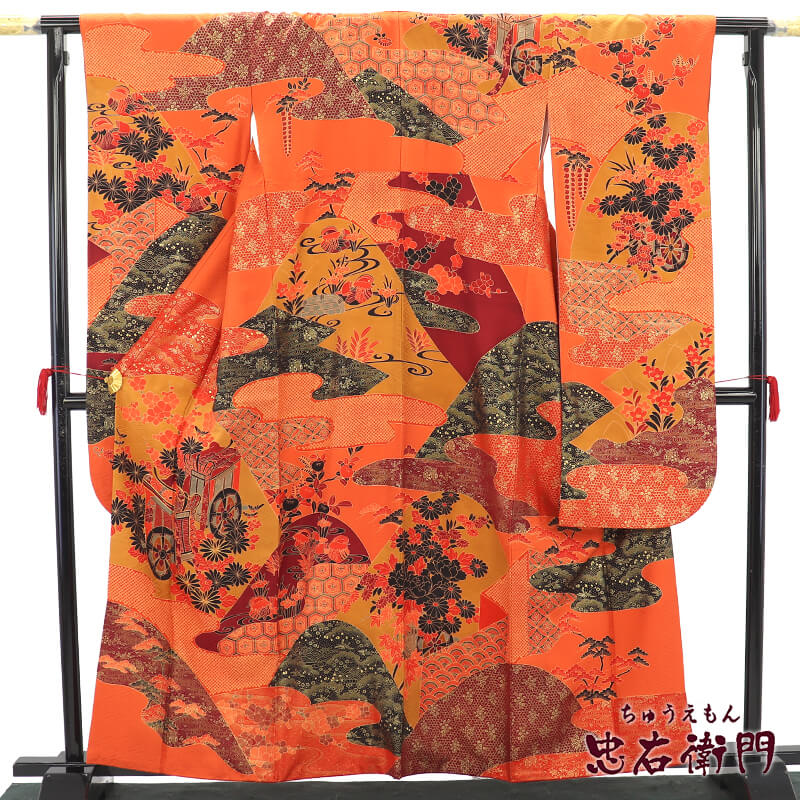 【中古】 振袖 売りわたす 単品 成年者式 中古御召しもの 正絹 朱 御所車 遠山 身たけ163糎 裄丈66糎 M～L大きさ好いかげんに 再利用御召しもの リユース御召しもの 中古御召しもの 貨物輸送無料 即日送りとどける