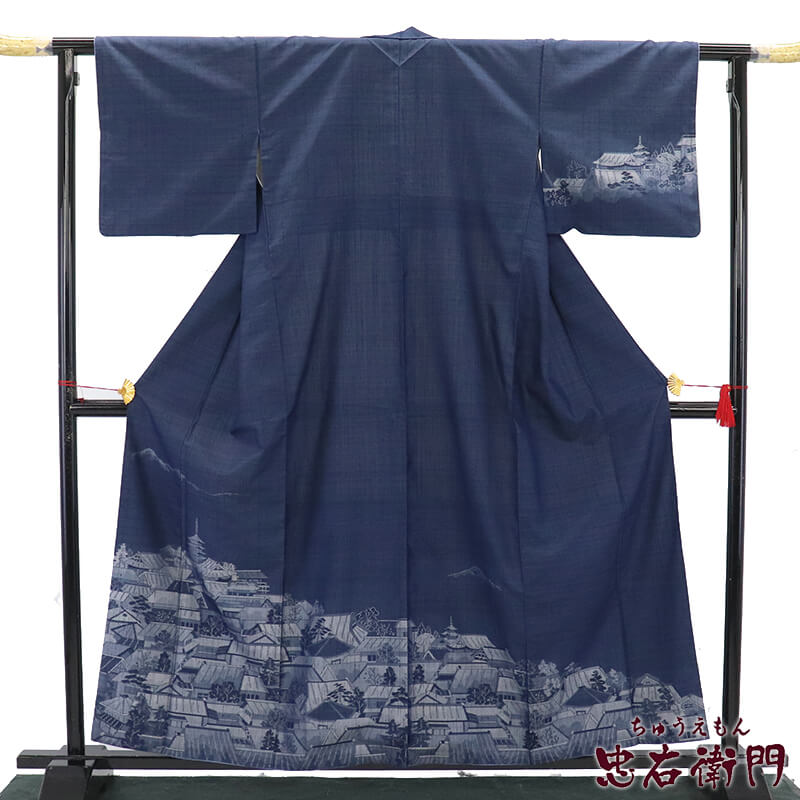 【中古】 長井紬 付下げ 藍染 証紙付 袷 レディース 正絹 藍色 風景柄 身丈162.5cm 裄丈65.5cm カジュアル M～Lサイズ相当 リサイクル着物 リユース着物 中古着物 送料無料 即日発送