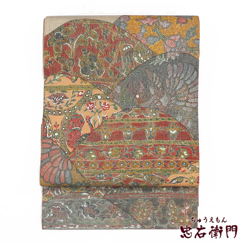 【中古】 袋帯 フォーマル 正絹 お太鼓柄 灰茶 クジャク オリエンタル柄 長さ432糎 幅31糎 再利用 和装 礼装 フォーマル お召しもの 仕立てもの売り上げ高再利用帯 貨物輸送無料 即日送りとどける レディースファッション-和服