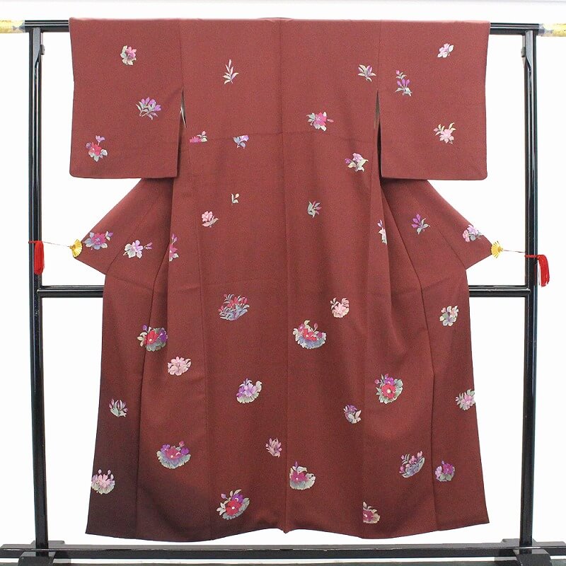 【マラソン連動】【30％OFF】【季節終了間近！袷着物ラストセール】【中古】付下げ 二代目 清次郎 落款 レディース 正絹 海老茶 花柄 身丈155.5cm 裄丈62cm 仕立て上がり着物 フォーマル リサイクル着物 リユース着物 即日発送