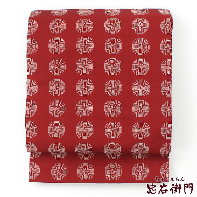 【マラソン連動】【30％OFF】【季節終了間近！袷着物ラストセール】【中古】名古屋帯 龍村美術織物 正絹 仕立て上がり レッド 渦巻き 長さ358cm 幅30cm 九寸名古屋帯 カジュアル リサイクル帯 送料無料 即日発送