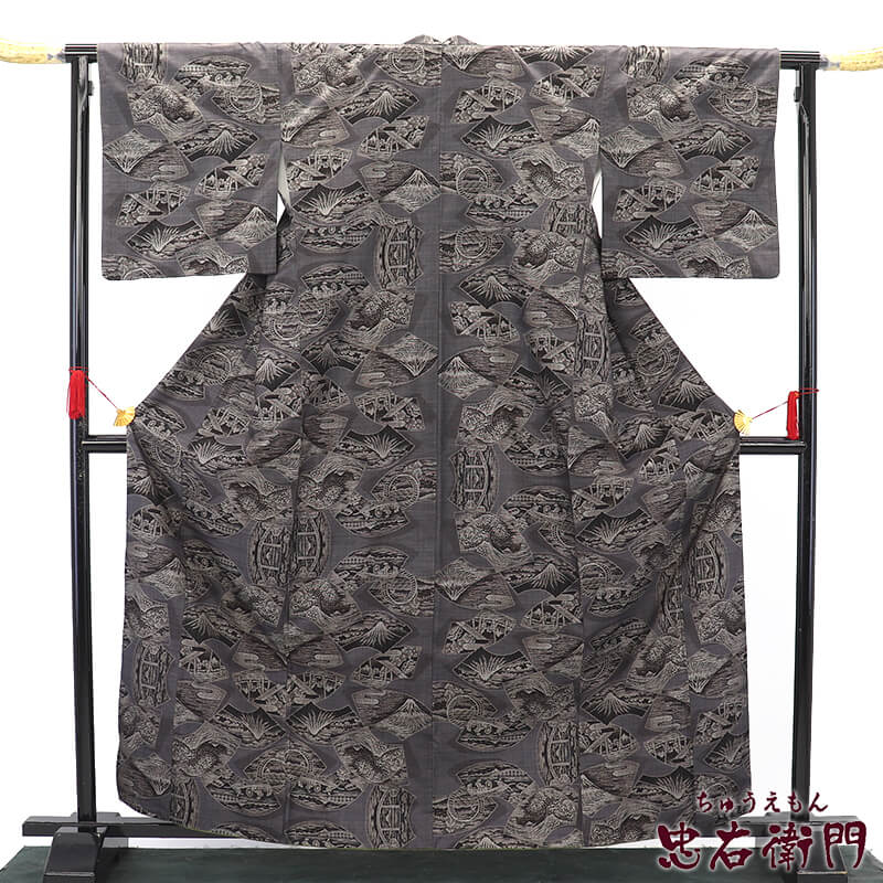 【中古】 大島紬 紬 袷 レディース 正絹 灰青 地紙文 富岳文様 身丈167cm 裄丈68.5cm 観劇 お出掛け ランチ Lサイズ相当 リサイクル着物 リユース着物 中古着物 送料無料 即日発送