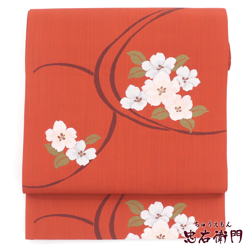 【中古】 袋帯 洒落用 おしゃれ袋帯 正絹 六通柄 赤朱 楕円 花柄 すっきり 長さ425cm 幅31.5cm リサイクル 和装観劇 食事会 カジュアル 着物 仕立て上がりリサイクル帯 即日発送｜ビスコンティ＆きもの忠右衛門