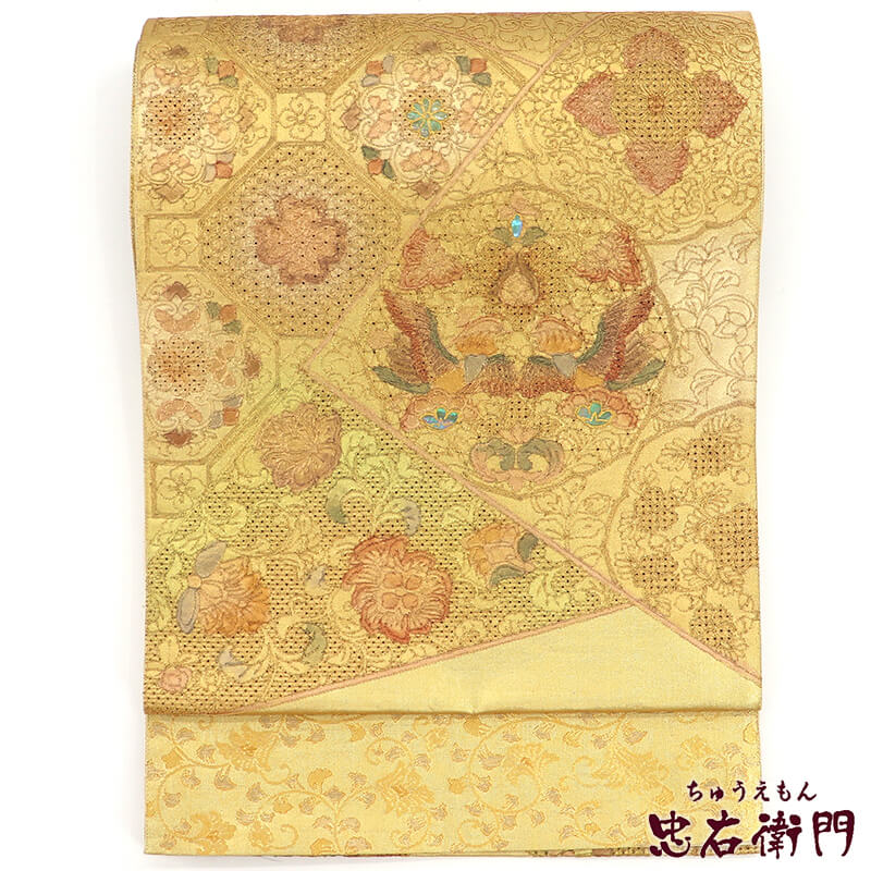 【中古】 刺繍 袋帯 フォーマル ふくろ帯 正絹 お太鼓柄 金 切りバメ 蜀江文様 向い鳥 華文 長さ430cm 幅31cm リサイクル 和装 入学式 卒業式 七五三 着物 仕立て上がりリサイクル帯 送料無料 即日発送 13,209円