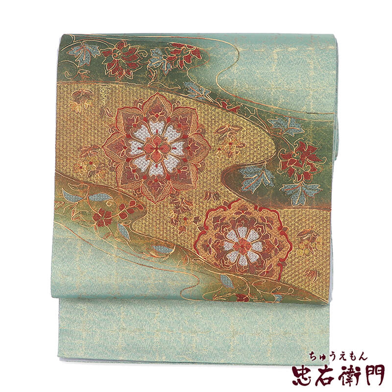 【中古】 刺繍 袋帯 フォーマル ふくろ帯 正絹 お太鼓柄 緑 華文 刺繍 華やか 長さ432cm 幅31cm リサイクル 和装 パーティ 会食 着物 仕立て上がりリサイクル帯 送料無料 即日発送 15,272円
