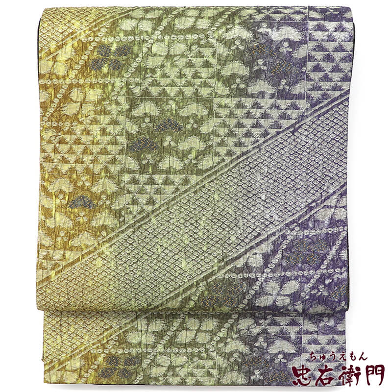 【中古】 袋帯 ふくろ帯 正絹 全通柄 抹茶 芥子 紫 菱 鱗文 長さ449cm 幅31cm リサイクル 和装パーティ 会食 着物 仕立て上がりリサイクル帯 送料無料 即日発送