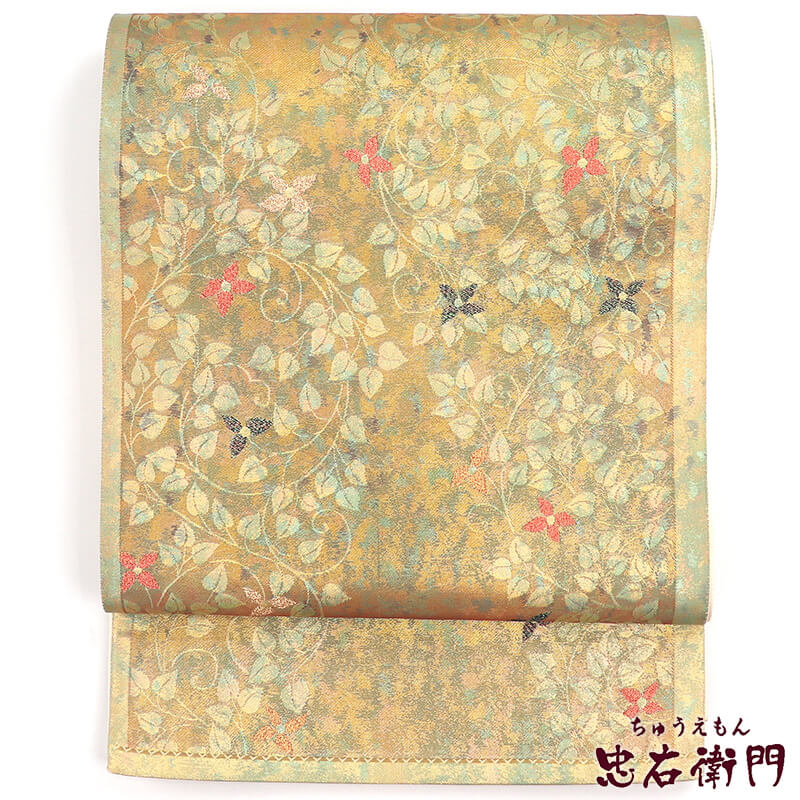 【中古】 袋帯 フォーマル ふくろ帯 正絹 六通柄 金 橙 縁取り 蔓草文様 長さ438cm 幅31cm リサイクル 和装 入学式 卒業式 式典 七五三 着物 仕立て上がりリサイクル帯 送料無料 即日発送｜ビスコンティ＆きもの忠右衛門