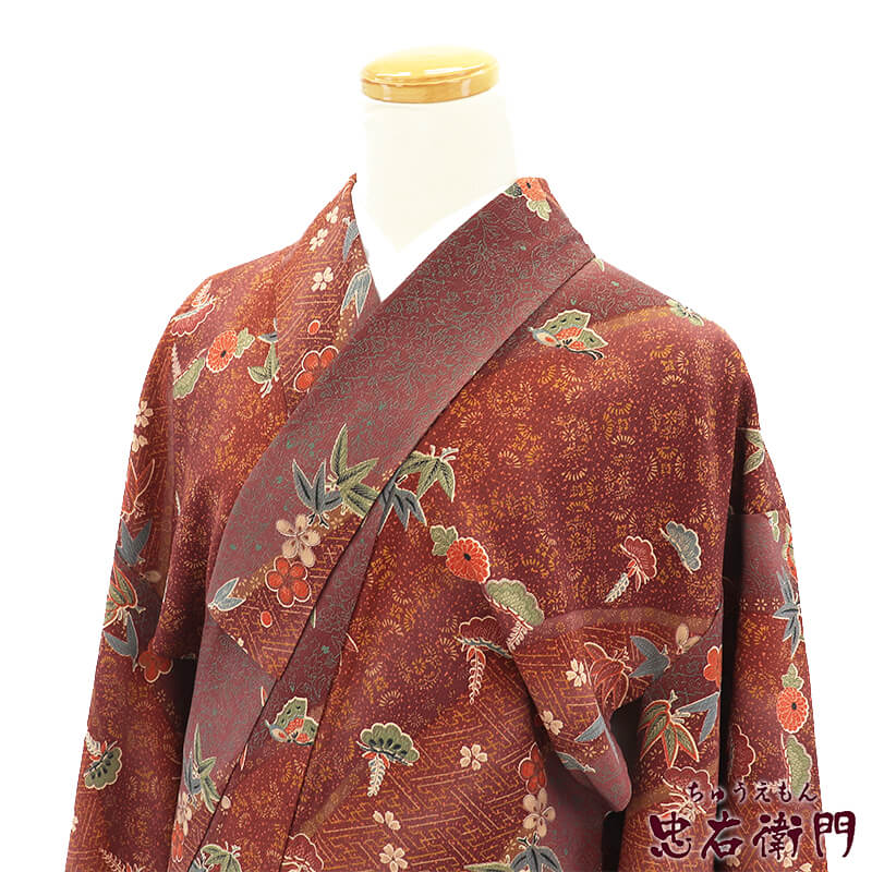 【中古】 小紋 小紋御召しもの 袷 レディース 正絹 赤銅色 夢見鳥 笹 松 身の丈158.5珊 裄丈64.5珊 心地よい 街御拾い 普段着 夕ご飯会 M大きさ好いかげんに 再利用御召しもの リユース御召しもの 中古御召しもの 即日送りとどける