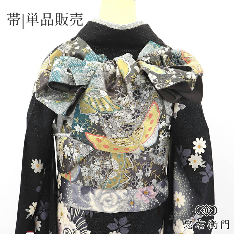 【中古】 袋帯 振袖向き ふくろ帯 成人式 正絹 全通柄 銀 蝶々 雪輪 桜 長さ449cm 幅31cm 成人式 結婚式 晴れ着 リサイクル帯 中古帯 仕立て上がり帯 レディース 女性用 着物 送料無料 即日発送