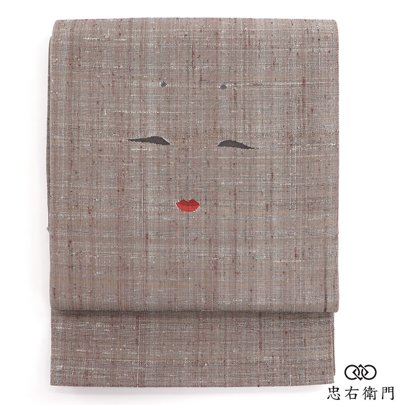 【中古】 袋帯 ふくろ帯 洒落用 おしゃれ袋帯 正絹 お太鼓柄 灰ベージュ おかめ 節分 豆まき 長さ431cm 幅31cm リサイクル 和装 伝統行事 イベント 食事会 パーティ 着物 仕立て上がりリサイクル帯 送料無料 即日発送