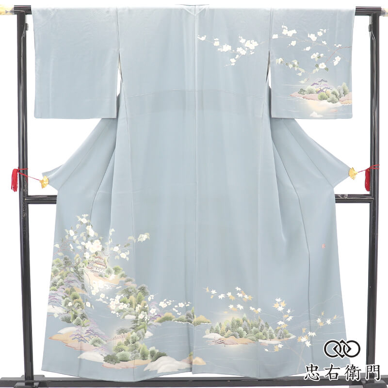 【中古】 墨付き 短い訪問着 袷 レディース 正絹 灰水色 見晴らし柄 松 梅 言い慣わし文様 身たけ157.5糎 裄丈67糎 フォーマル はいり込む式 卒式 茶の葉会 寄りあい M大きさ好いかげんに 再利用御召しもの リユース御召しもの 中古御召しもの 貨物輸送無料 即日送りとどける