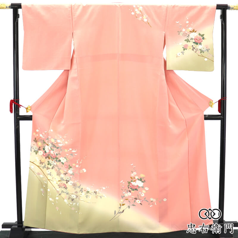 【中古】 付下げ 袷 レディース 正絹 サクラ色 名取り草 菊 梅 言い慣わし文様 身たけ165.5糎 裄丈68糎 フォーマル はいり込む式 卒式 茶の葉会 寄りあい L大きさ好いかげんに 再利用御召しもの リユース御召しもの 中古御召しもの 貨物輸送無料 即日送りとどける