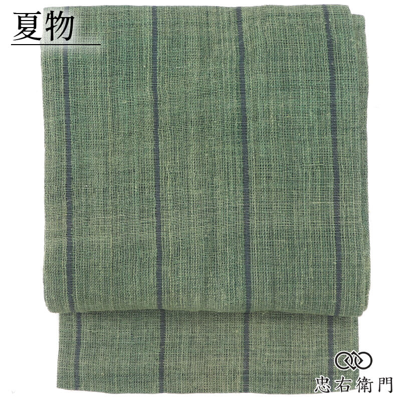 【中古】 夏帯 名古屋帯 なごや帯 正絹 九寸帯 全通柄 緑 縞 小粋 こなれ感 長さ325cm 幅30cm 夏着物 単衣着物 ランチ 食事会 お出掛け 短め 細身 リサイクル帯 中古帯 仕立て上がり帯 レディース 女性用 着物 即日発送