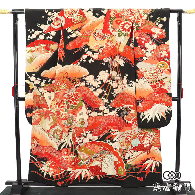 【中古】 アンティーク振袖 振袖 単品 一点物 レディース 正絹 黒 鳳凰 名著柄 扇文 松 吉祥柄 身たけ162糎 裄丈65糎 ビンテージ 見せびらかす方角 見せびらかす方角 再利用御召しもの リユース御召しもの 中古御召しもの 貨物輸送無料 即日送りとどける
