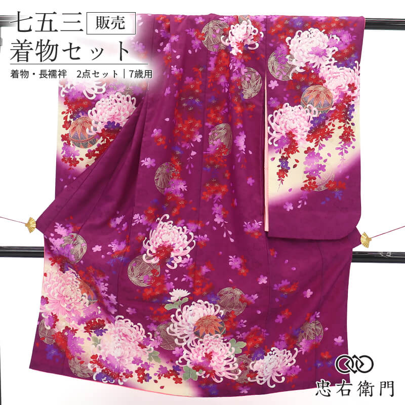 【中古】 七五三 7歳 御姉さん お召しもの 長襦袢 2点仕掛ける 再利用 ポリエステル 紫 菊 鞠 桜 身たけ133.5糎 裄丈52糎 美品 七歳用 四つ身 赤ちゃんお召しもの 貸お召しもの取り計らう品 儀式用 前撮り 御参り 晴れ着 和装 貨物輸送無料 即日送りとどける