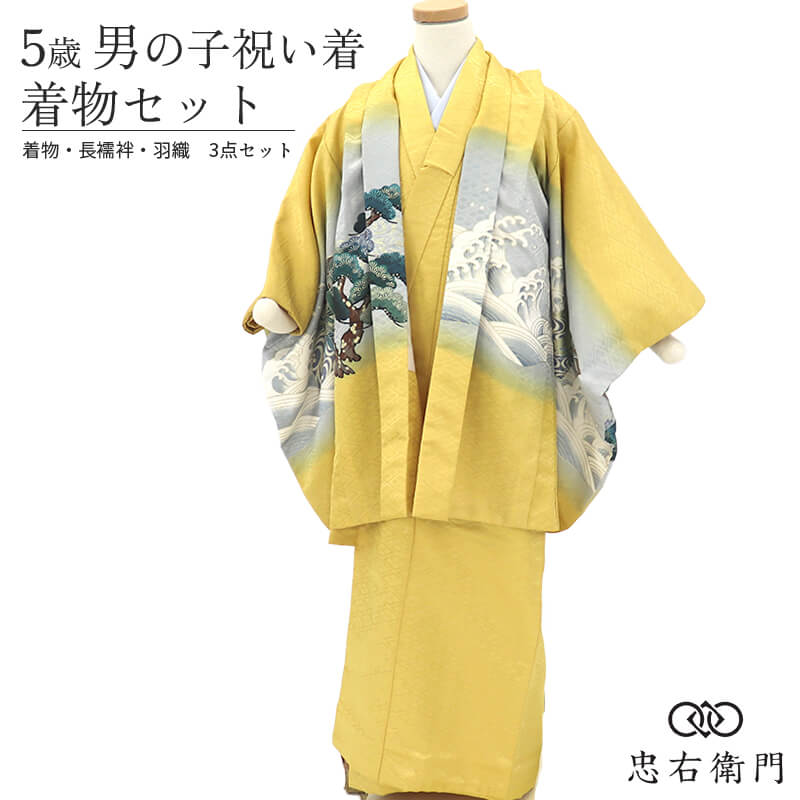 【中古】 七五三 お坊っちゃん 5歳 御召しもの 3点書き割り 羽織 長襦袢 中古 五歳祝賀会着 お坊っちゃん 御召しもの書き割り 貸御召しものかた付ける品 美品 物質の状態思わしい ポリエステル 金 鷹 波文 かっこいい 自己同一性的 自然調整身の丈：約100～105珊 即日送りとどける
