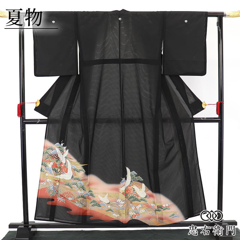【中古】 絽 黒留袖 夏御召しもの 五つ紋 比翼仕立てもの レディース 正絹 黒 鶴 松 扇 吉祥文様 身の丈160.5珊 裄丈64.5珊 フォーマル 礼装 華燭の典 血縁グループ用 冷やりとした M大きさ好いかげんに 再利用御召しもの リユース御召しもの 中古御召しもの 即日送りとどける