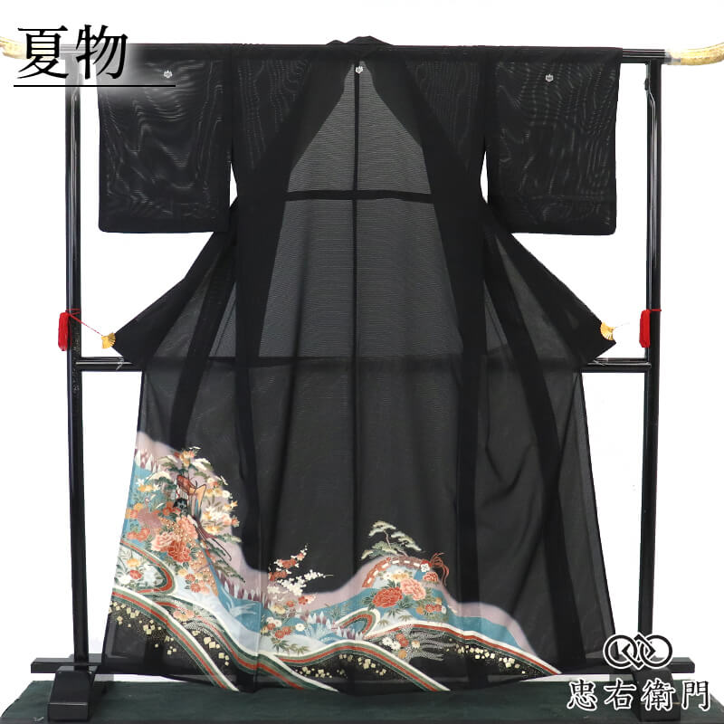 【中古】 絽 黒留袖 夏御召しもの 五つ紋 比翼仕立てもの レディース 正絹 黒 御所車 クジャク 名取り草 言い慣わし文様 身の丈166珊 裄丈66珊 フォーマル 礼装 華燭の典 血縁グループ用 冷やりとした M大きさ好いかげんに 再利用御召しもの リユース御召しもの 中古御召しもの 即日送りとどける