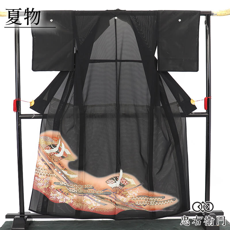【中古】 絽 黒留袖 夏御召しもの 五つ紋 比翼仕立てもの レディース 正絹 黒 扇 熨斗 鶴 身の丈162珊 裄丈64.5珊 フォーマル 礼装 華燭の典 血縁グループ用 冷やりとした Ｓ～Ｍ大きさ好いかげんに 再利用御召しもの リユース御召しもの 中古御召しもの 即日送りとどける