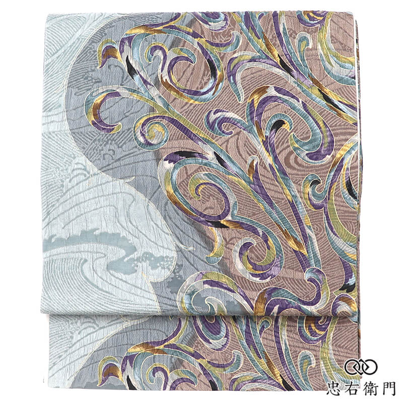 【中古】 【美品】ふくれ織 袋帯 今めかしい袋帯 正絹 全通柄 灰水色 抽象化柄 小粋 今めかしい 長さ440糎 幅31糎 観劇 召し上がる会 お出かけ 再利用帯 中古帯 仕立てもの売り上げ高帯 レディース お上さん用 御召しもの 貨物輸送無料 即日送りとどける