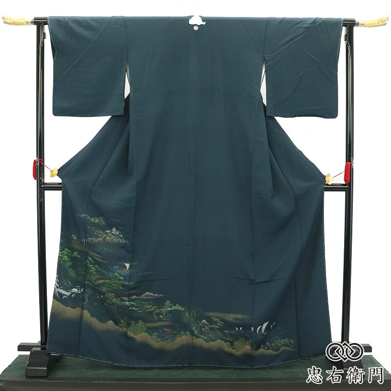 【中古】 縫取り 色留袖 訪問着仕立て 一つ紋 フォーマル 袷 レディース 正絹 深緑 風景柄 東海道五十三次 丸に五三根笹 身丈169cm 裄丈68.5cm 結婚式 式典 お祝い 祝賀会 Lサイズ相当 リサイクル着物 リユース着物 中古着物 送料無料 即日発送|ビスコンティ&きもの忠右衛門