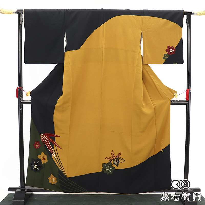【中古】 付下げ フォーマル 一蔵コレクション 袷 レディース 正絹 芥子 黒 色分け 笹 楓 レトロモダン 身丈164cm 裄丈69cm パーティ 会食 観劇 M~Lサイズ相当 リサイクル着物 リユース着物 中古着物 送料無料 即日発送|ビスコンティ&きもの忠右衛門