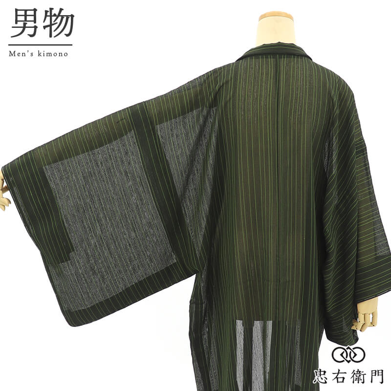 【中古】 夏羽織 男羽織 夏男羽織 メンズ 正絹 緑 縞 粋 透け感 身丈100cm 裄丈73cm 街歩き 塵除け カジュアル 適応身長170～175cm リサイクル着物 リユース着物 中古着物 送料無料 即日発送｜ビスコンティ＆きもの忠右衛門