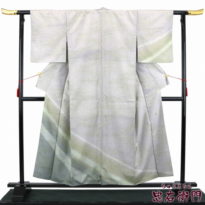 【中古】 【白山工房】 牛首紬 染め付下げ 裄丈65.5 正絹 着物 リサイクル 袷 落款 灰 緑 即日発送