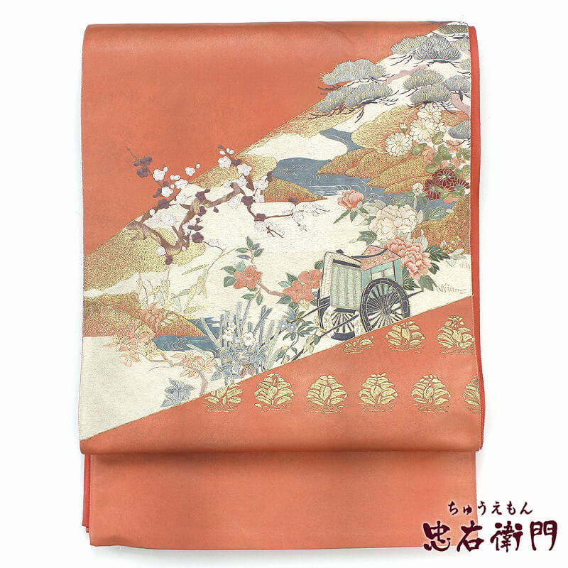 【中古】 袋帯 蘇州刺しゅう 再利用 レディース 正絹 桃 御所車 刺しゅう 長さ433糎 幅31糎 仕立てもの売り上げ高帯 フォーマル お太鼓柄 再利用帯 貨物輸送無料 即日送りとどける 和服-レディースファッション