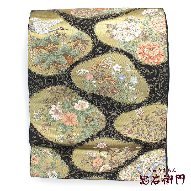 【中古】 袋帯 リサイクル レディース 正絹 黒 金 四季の花 長さ434cm 幅30.5cm 仕立て上がり帯 フォーマルリサイクル帯 即日発送｜ビスコンティ＆きもの忠右衛門