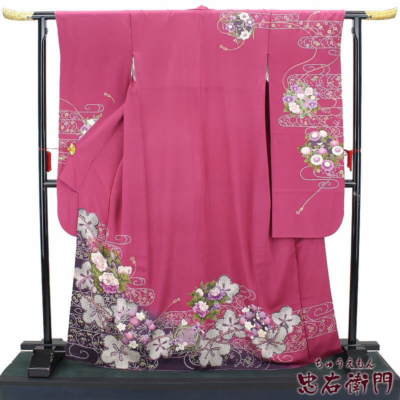 【中古】 振袖 リサイクル 着物 成人式 結婚式 卒業式 舞台 販売 レディース フォーマル 正絹 ピンク 花柄 花の丸 牡丹 椿 裄丈66cm 忠右衛門 送料無料 即日発送｜ビスコンティ＆きもの忠右衛門