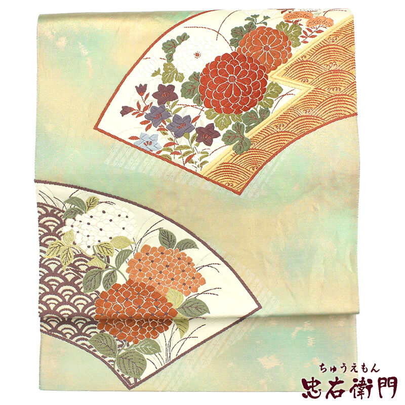【30％OFF】【季節終了間近！袷着物ラストセール】【中古】 袋帯 リサイクル 正絹 仕立上がり 礼装 フォーマル レディース ゴールド グリーン 箔地 地紙文 長さ434cm 即日発送