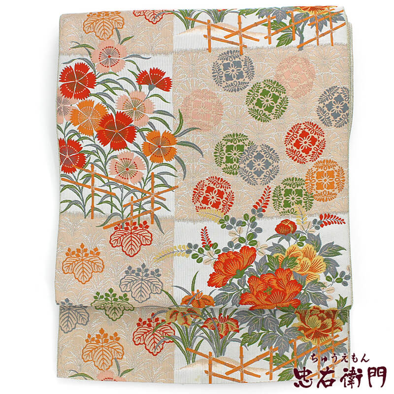 【中古】 袋帯 ふくろ帯 再利用 レディース 正絹 薄墨色 名取り草 萩 桐 撫子 市松取り 長さ432糎 幅31糎 仕立てもの売り上げ金帯 再利用帯