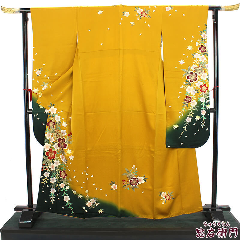 【中古】 振袖 成人式 セット 長襦袢 重ね衿 3点セット リサイクル レディース 正絹 イエロー 桜柄 古典柄 身丈164cm 裄丈68cm 仕立て上がり着物 フォーマル|ビスコンティ&きもの忠右衛門