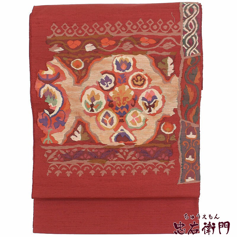 【30％OFF】【季節終了間近！袷着物ラストセール】【中古】 おしゃれ袋帯 リサイクル 正絹 仕立上がり カジュアル レディース 洒落帯 紬 レッド 花唐草 長さ440cm 忠右衛門 即日発送